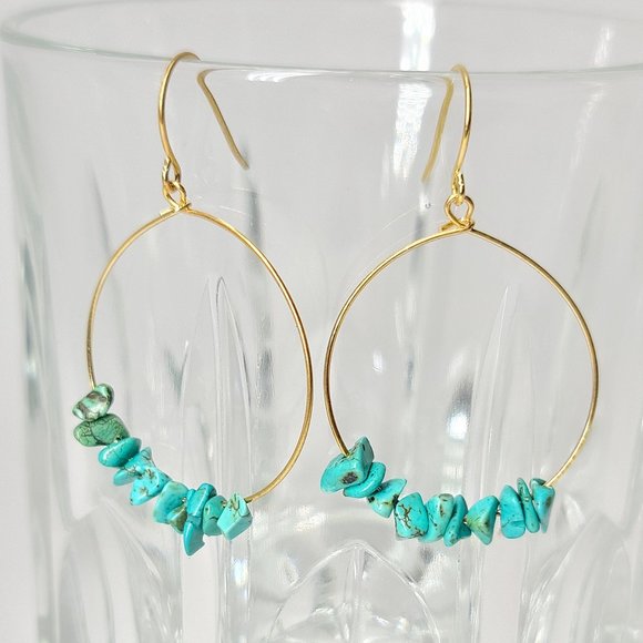 NEW Natural Turquoise Stones Wire Hoop Earrings - Picture 7 of 10